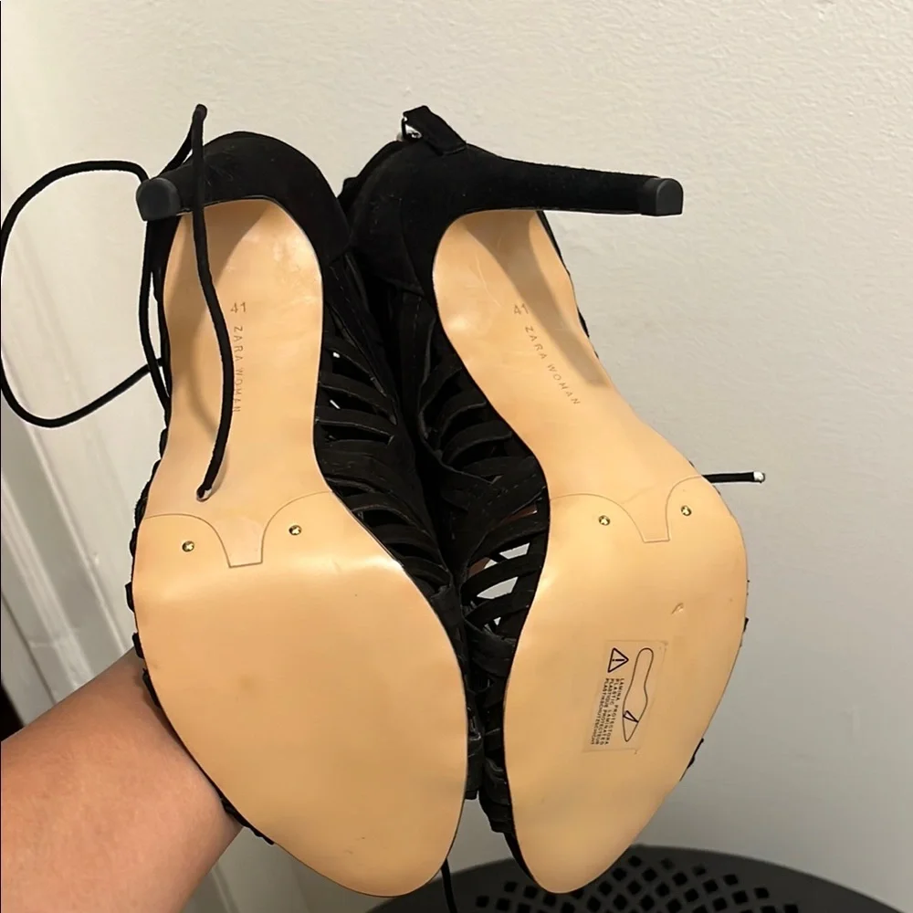 Zara Black Leather/Suede Lace-Up Heels